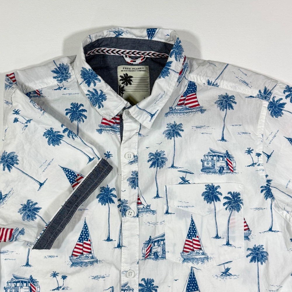 Free Planet Button Down Mens L White Americana Sailboat Patriotic Coastal Beach